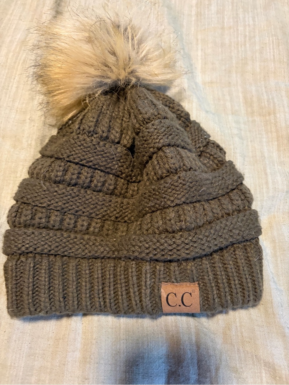 C.C Womens Olive Knit Beanie with Faux Fur Pom